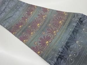リサイクル　帝王紫ふくれ織横段に抽象花唐草模様織出し袋帯